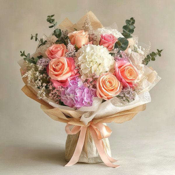 Twilight Garden — Peach Rose & Purple Hydrangea